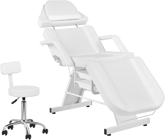 Facial Chair Tattoo Chair for Client Adjustable 3-Section Multipurpose with Hydraulic Stool for Esthetician Beauty Spa Tattoo Eyelash Equipment White