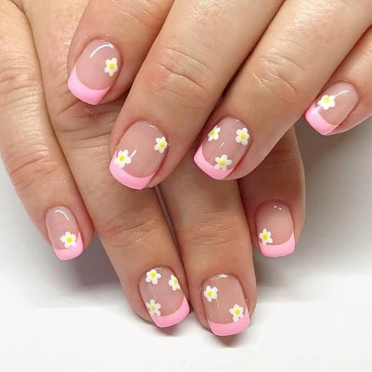 French Tip Press on Nails Short Square Fake Nails Flowers Acrylic Nails Cute Floral False Nails Glossy Glue on Nails Stick on Nails Artificial Nails for Women Girls Manicure 24Pcs