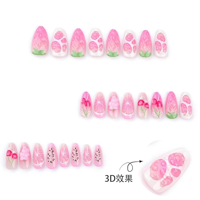 24Pcs Summer Fruit Press on Nails Almond Long Fake Nails with 3D Cherry Strawberry Designs Glossy Pink False Nails Summer Glue on Nails Full Cover Acrylic Stick on Nails for Women Girls DIY Decoration
