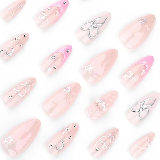 24Pcs Medium Almond Press on Nails Pink French Tip Fake Nails 3D Pink Heart Resin with Silver Star Rhinestones Glitter Full Cover Glue on Nails Artificial Cute Bow False Nails for Women Acrylic Nails