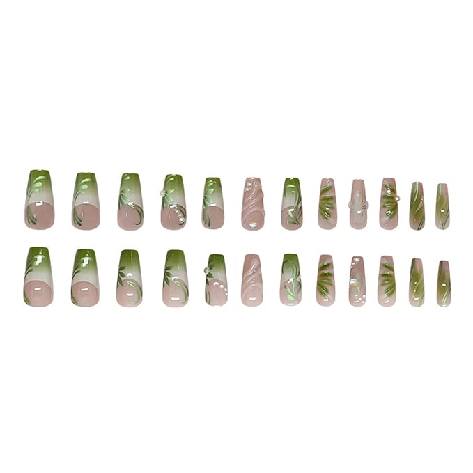24Pcs Green Press on Nails Medium Square Fake Nails with Vine Gradient French Pearl Design Nude False Nail Full Cover Artificial Nails Cute Stick on Nail Pearl Nail for Women DIY Manicure