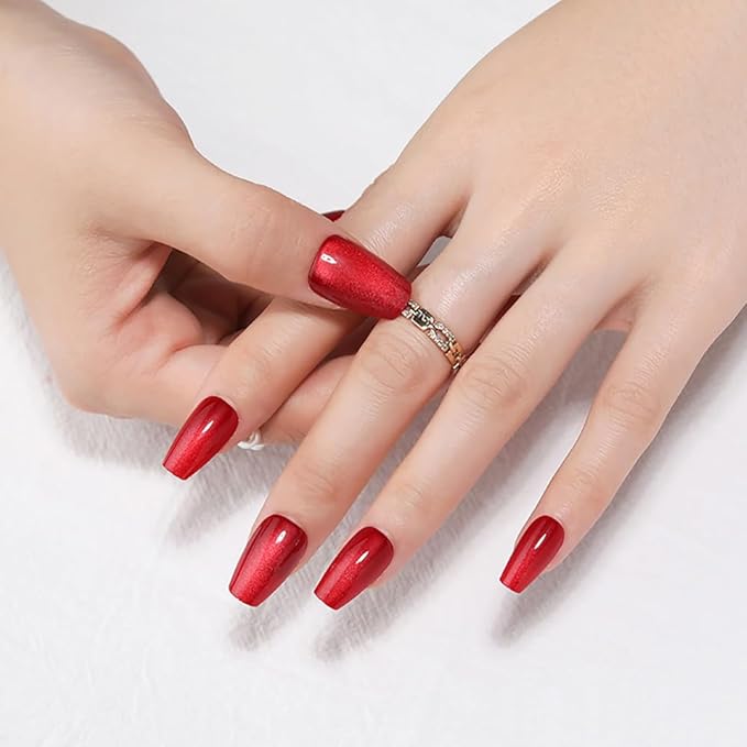 evpct Red Cat Eye Press on Nails Square Medium Coffin, Medium Square Glue on Nails for Women Gift, Red Metallic Glitter Glossy Reusable Spring Summer Stick Gel Press on Acrylic Fake Nail with Designs