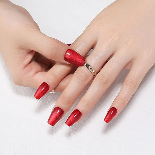 evpct Red Cat Eye Press on Nails Square Medium Coffin, Medium Square Glue on Nails for Women Gift, Red Metallic Glitter Glossy Reusable Spring Summer Stick Gel Press on Acrylic Fake Nail with Designs
