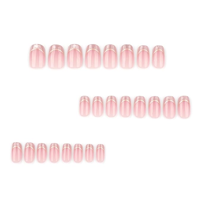 Short Almond Press On Nails Nude Glitter French Tips with Gold Outline, Glossy Acrylic Fake Nails, Reusable Stick On Nails Kit with Glue for Women, Elegant Shimmery Manicure Set