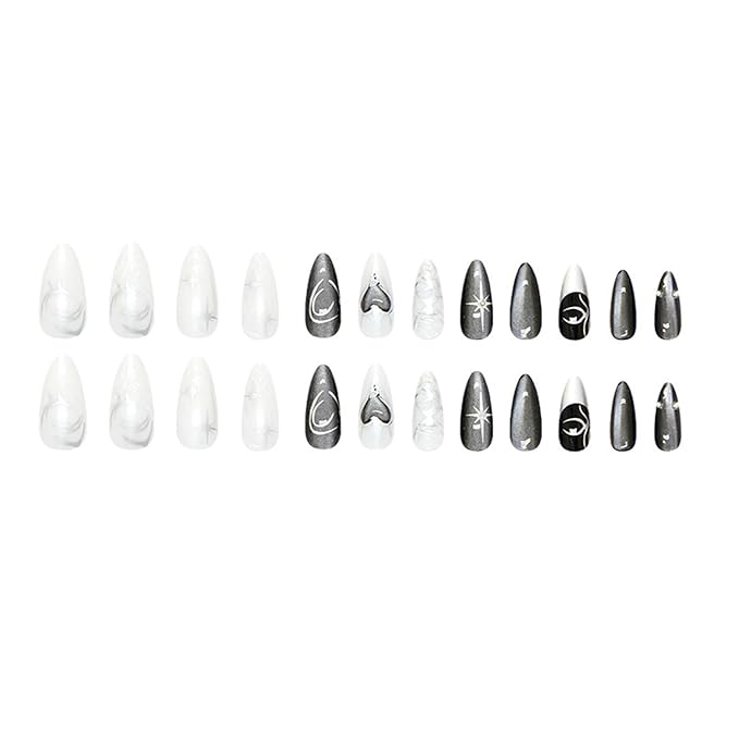 24Pcs Black Press on Nails Medium Length Almond Fake Nails Sparkling Star Gothic Dark Black Style Full Cover Press on Glossy Acrylic Nails Stick on Nails French Tip Nail Art Decoration for Women