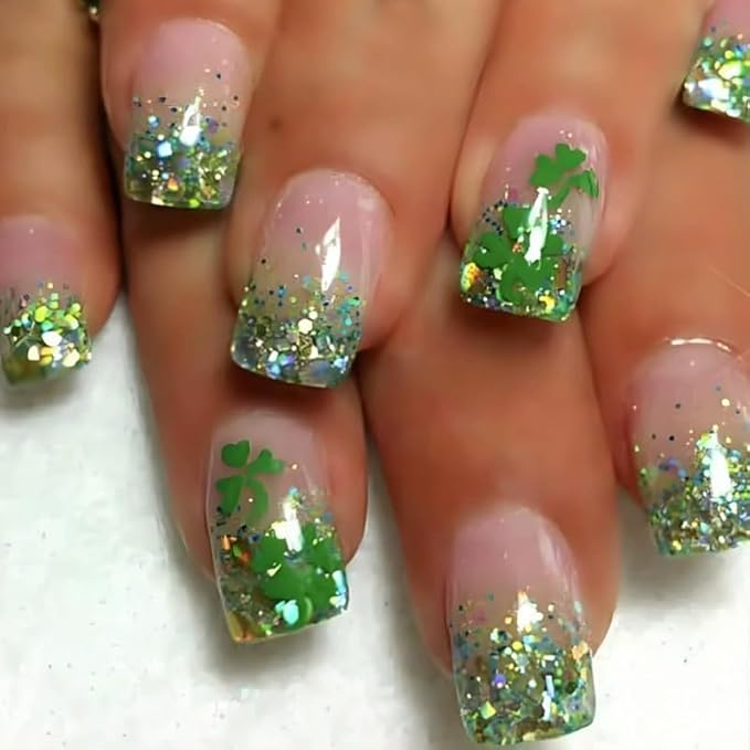 St. Patrick's Day Press On Nails, 24pcs Short Square Acrylic False Nails, Green Glitter & Ombre Designs, Glossy, Safe & Sturdy, Easy to Use, DIY