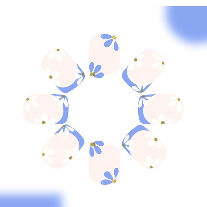 Flower Press on Nails Short Square Fake Nails Nude False Nails Floral Glossy Full Cover Acrylic Nails Spring Glue on Nails Artificial Cute Stick on Nails for Women Manicure 24Pcs