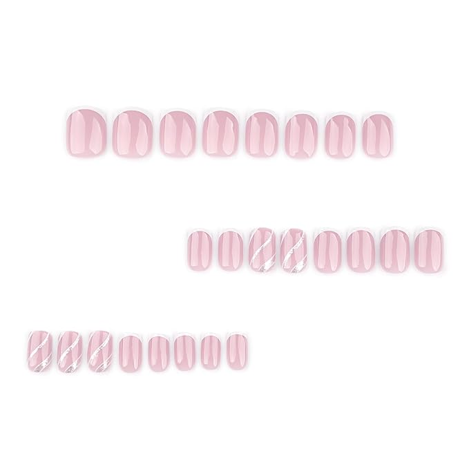 French Press On Nails Short Square, Nude Fake Nails with White French Tips, Delicately Adorned with Silver Streaks, Glossy Gel Finish, Thick Natural Reusable Glue On Nails Kit for Women 24Pcs