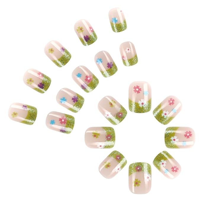 Spring Press on Nails Square Short Fake Nails Green French Tip False Nails with Colorful Flower Design Cute Acrylic Nails Press ons Small Flowers Glue on Nails Reusable Stick on Nails for Women 24Pcs