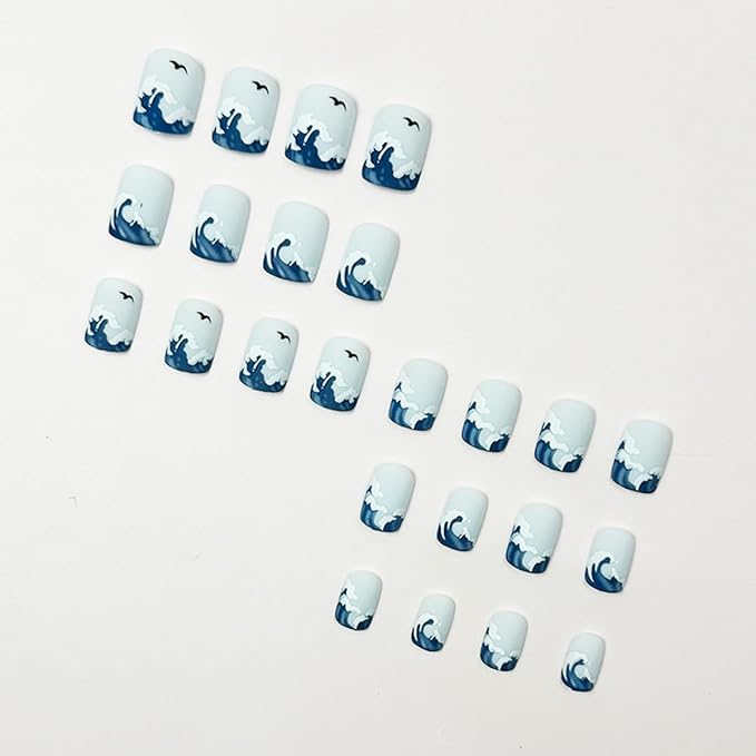 Short Press on Nails Square Fake Nails Blue False Nails Summer Nail Wave Glossy Full Cover Acrylic Nails Glue on Nail Artificial for Women Manicure 24Pcs