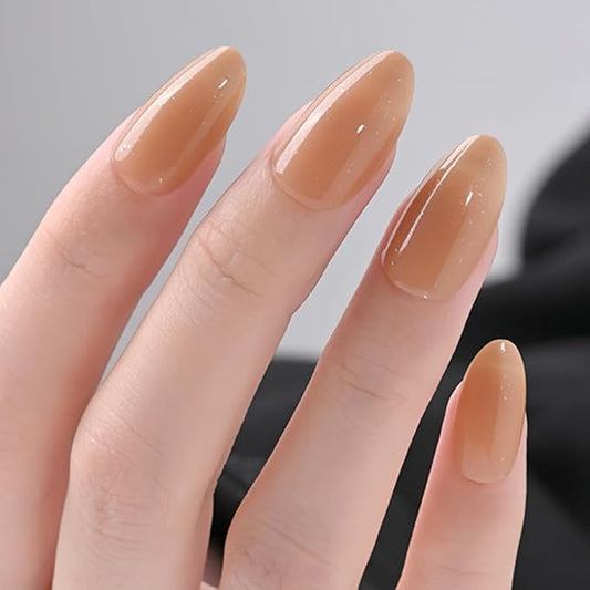 evpct Press on Nails Almond Short, Nude Brown Glitter Shimmer Shiny Short Almond Fake Nails for Women Gift, Soft Gel Press Glue On Nails with Nail Glue, 30Pcs Reusable Acrylic Fake Nail Manicure Kit