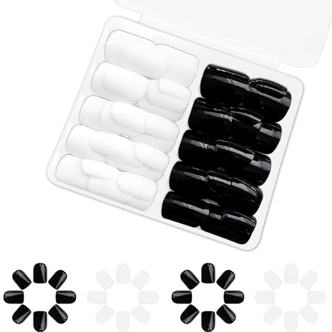 2 Packs 48Pcs Press on Nails Short Square Fake Nails Black White Acrylic Nails Solid Color False Nails Glossy Glue on Nails Reusable Artificial Nails Stick on Nails for Women Girls Nails Decoration