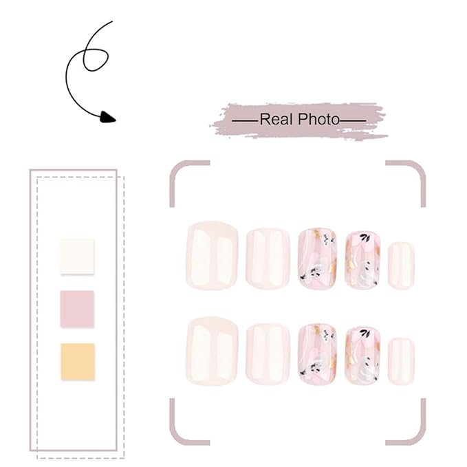 Flowers Press on Nails Square Short Fake Nails with Designs Gold False Nails Nude Glossy Full Cover Acrylic Nails Spring Glue on Nail Cute Artificial Stick on Nail for Women Manicure DIY