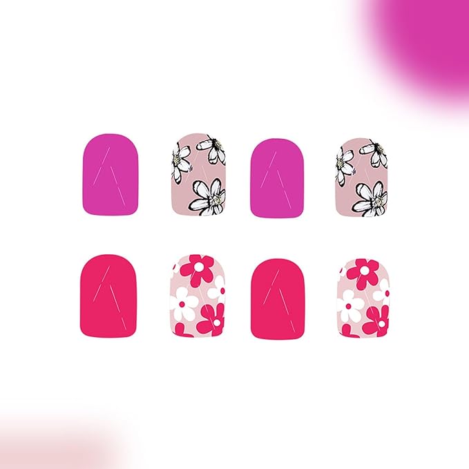 48Pcs Flower Press on Nails Kit - Short Square Fake Nails with Cute Multi-Color Floral Designs Glossy Solid Color False Nails Spring Press ons Flower Stick on Nails Summer Decor for Women Daily Wear