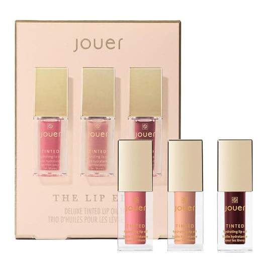 Jouer The Lip Edit Deluxe Tinted Lip Oil Trio, Hydrating, High Shine, Non-Sticky Set with Apricot, Jojoba, Vitamin E, Makeup Gift, 3 Shades
