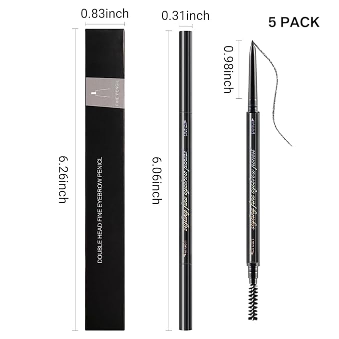 5 Pcs Waterproof Dual-Sided Fine Tip Eye Brow Pencils Pack,Ultra-Fine Mechanical Precise Pencil,Draws Tiny Brow Hairs, Defines, Fills Eyebrows, Shapes, Contours, Combs,1mm Pen Point(Pack of 5)-Gray