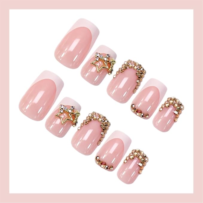 French Tip Press on Nails Short Square Fake Nails with 3D Rhinestone Designs Glossy Pink False Nails Gold Charms Acrylic Nails Press on Artificial Nail Tips Full Cover Glue on Nails for Women 24Pcs