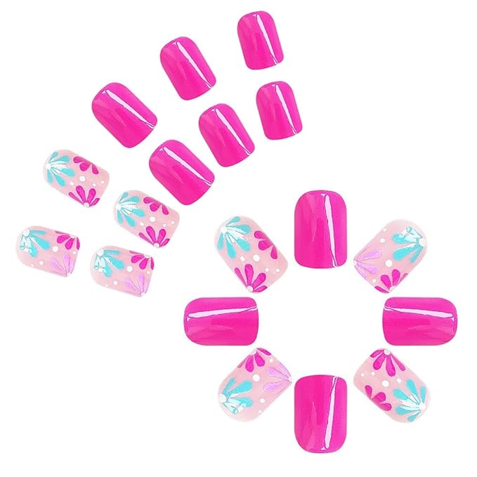 2 Packs 48Pcs Flowers Press On Short Square Fake Nails - Spring Floral Design False Glossy Cute Acrylic Full Cover, Glue Stick On for Women's Manicure & Nail Art Set