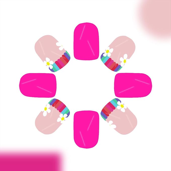 Flower Press on Nails Short Square Fake Nails Pink False Nails Floral Glossy Full Cover Acrylic Nail Spring Glue on Nail Artificial Cute Stick on Nails for Women Manicure 24Pcs