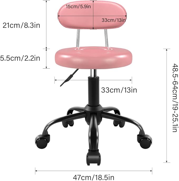 Rolling Stool with Wheels Swivel Stool with Back Height Adjustable Chair Ideal for SPA Salon Home Office Drafting Work (Pink)