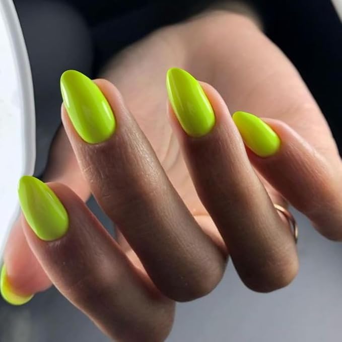Neon Green Press on Nails Short Almond Fake Nails Press ons Neon Thick Solid Color Glue on Nails Short False Nails Medium Almond Nails Oval Round Shaped for Women 24Pcs