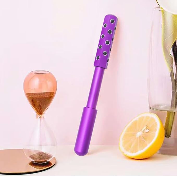 24-Stone Facial Roller - Cooling Face & Neck Massager Tool for Skin Rejuvenation | 360° Contouring with Germanium Stones & Aircraft Aluminum | Portable 7.6" Beauty Roller - Purple