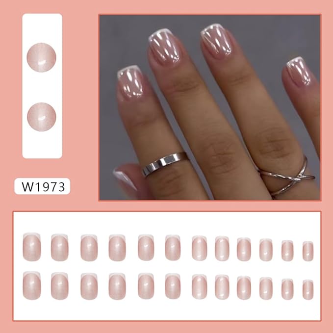 24Pcs French Tip Press on Nails Short Square Fake Nails Pearl Shine False Nail Glossy Glitter Acrylic Nail Full Cover Glue Stick on Nails French Tips Artificial Fingernails for Women