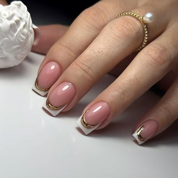 French Tip Press on Nails Square Fake Nails Pink 3D Gold Texture Acrylic Nails Medium False Nails with Designs White French Nails Stick on Nails for Women Glue on Nails with Adhesive Tabs Nail File
