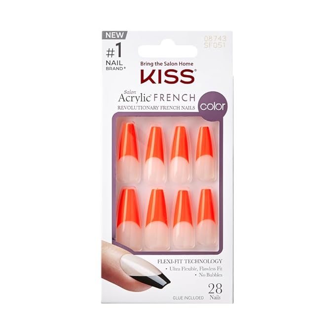 KISS Acrylic French False Nails Kit, X-Long Coffin Shape Design Nail, Orange Color French Tip Nails, Ready to Wear Gel & Manicure Stick included, Long-Lasting Convenient & Easy to Apply