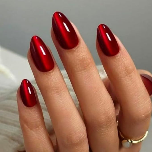 30Pcs Wine Red Press on Nails Short Almond Fake Nails Cat Eye Acrylic Nails Glossy Shiny False Nails Jelly Design Red Full Cover Glue on Nail Press on for Women Girls Manicure & Nail Art