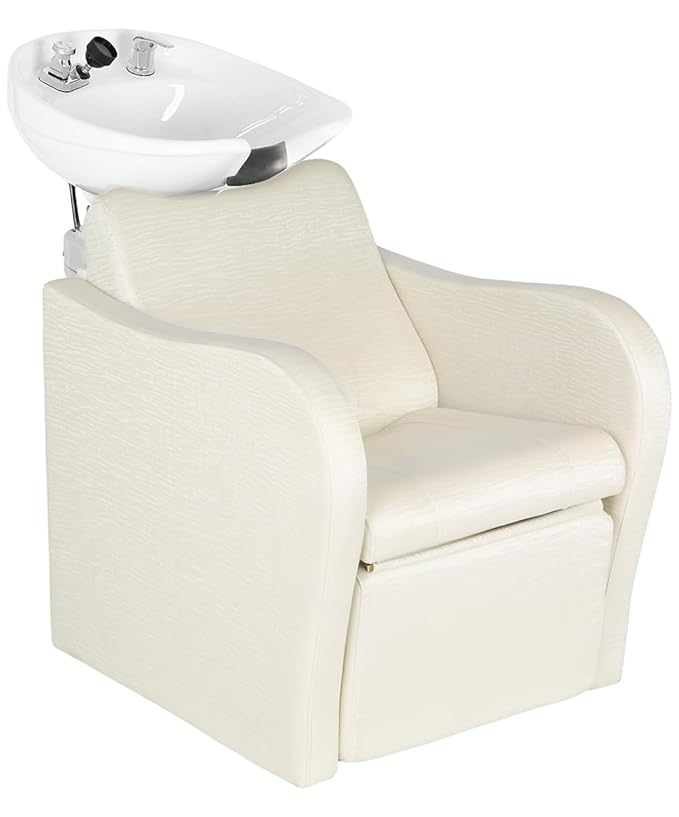 Buy-Rite Lexus Backwash Unit – Professional Salon Shampoo Chair with Extra Wide Seat, Kick-Out Leg Rest, Tilting Porcelain Shampoo Bowl, European Style Faucet & Neck Rest, TS-8018B (White Zebra)
