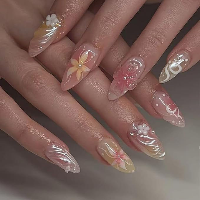 Press on Nails Short Almond Fake Nails 3D Flowers Acrylic Nails Glossy Floral False Nails with Chrome Artificial Nails Full Cover Soft Gel Glue on Nails for Women Girls Manicure Art Decoration