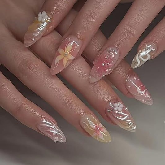 Press on Nails Short Almond Fake Nails 3D Flowers Acrylic Nails Glossy Floral False Nails with Chrome Artificial Nails Full Cover Soft Gel Glue on Nails for Women Girls Manicure Art Decoration