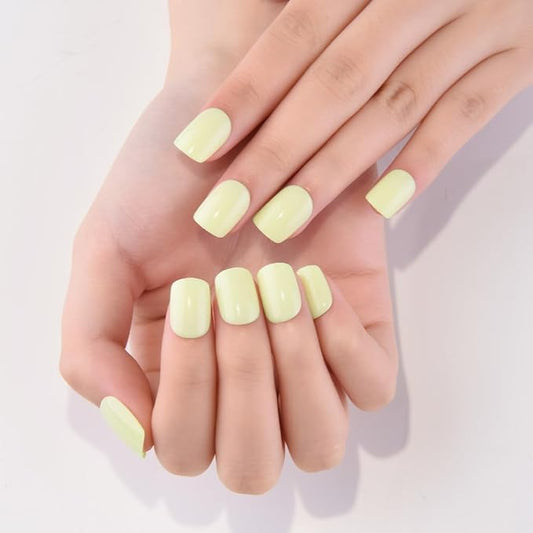 evpct Pale Yellow Glossy Press on Nails Short Square, Glossy Yellow Fake Nails Summer Reusable, Acrylic False Nail Stick Glue on Press ons for Women Gifts, Perfectly Fit False Nail Kit with Glue 30Pcs