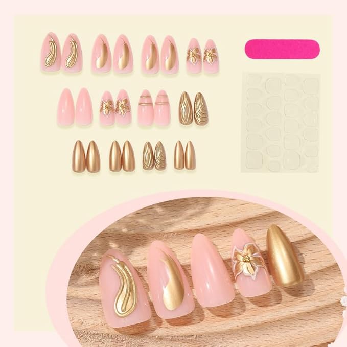 Long Almond Shape Press on Nails Pink Gold Luxury Fake Nails Nude Stick on Nail for Women 24pcs