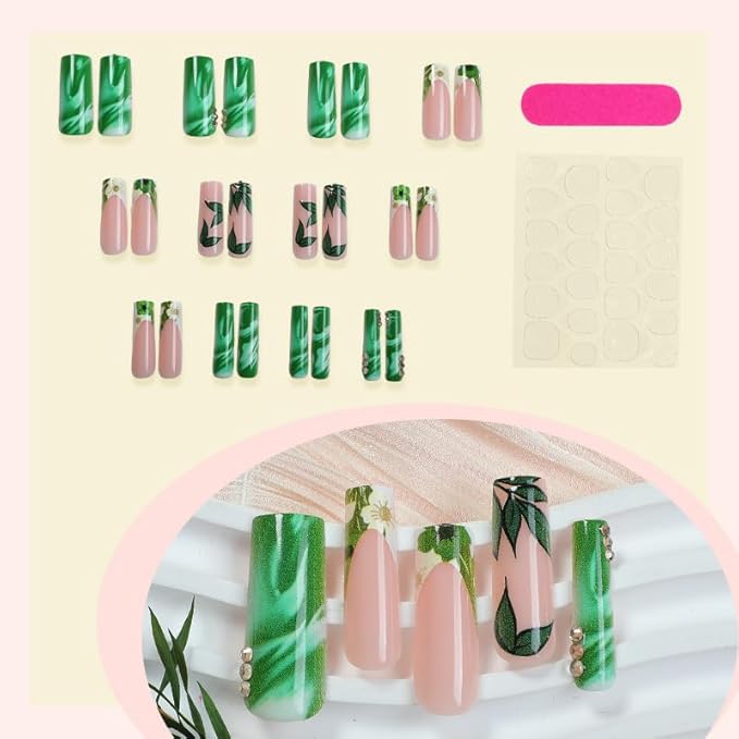 Long Press on Nails Square Fake Nails French Tip False Nails Green Artificial Nails with Designs Stick on Nails for Women 24pcs