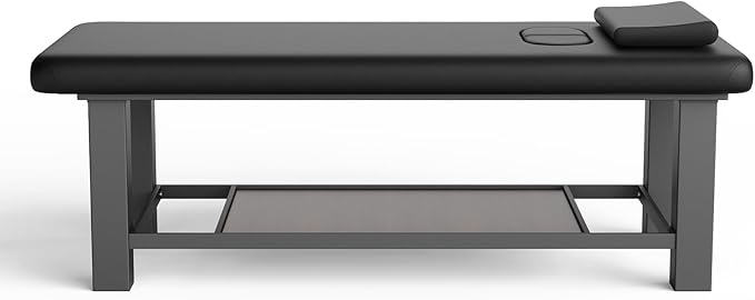 Metal Frame Heavy Duty Stationary Massage Table with Open-Chest & Headrest for Treatment Table, Physical Therapy Table, Spa Facial Professional Massage Bed, Black Leather 31.5'' W x 75.5'' L, 700LBS