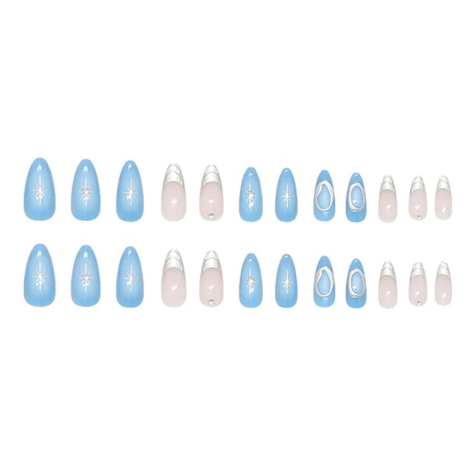24Pcs Blue Press on Nails Medium Almond Fake Nail Tips with Rhinestones Sparkling Star Gothic Style Y2k Blue French Silver Star Stick on Nails Acrylic Nails Almond Shape False Nails for Women