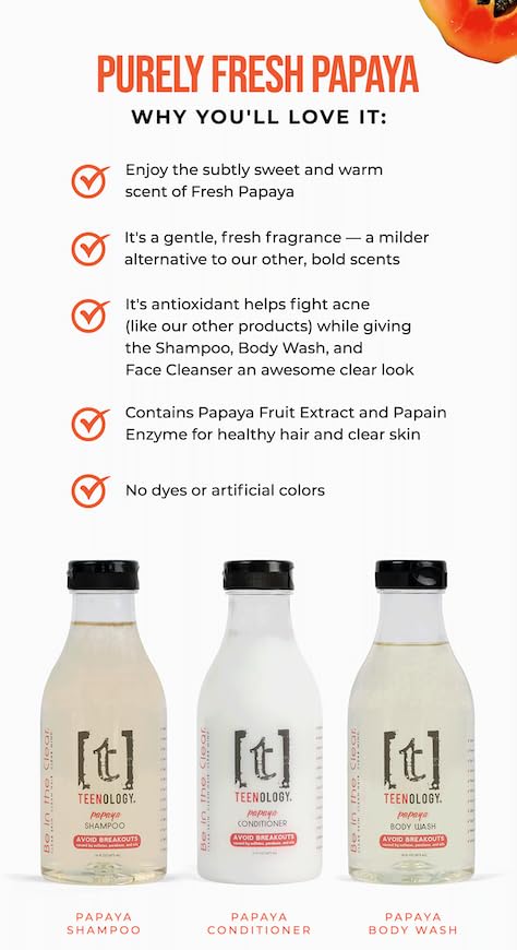 Teenology Shampoo for Teens - Avoid Forehead and Body Acne - No Sulfates or Parabens, Noncomedogenic, Natural Botanical Extracts, 16 oz. (Fresh Papaya)