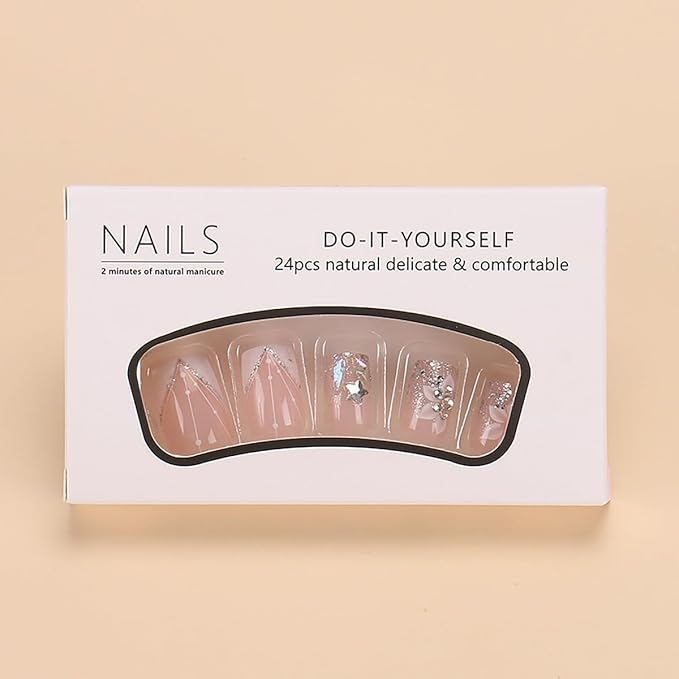 24Pcs Short Press on Nails Square Shape White French Tip Fake Nails 3D Flower Designs Star Glitter Glue on Nails Spring Acrylic Nails White Floral False Nails Nude French Stick on Nails for Women