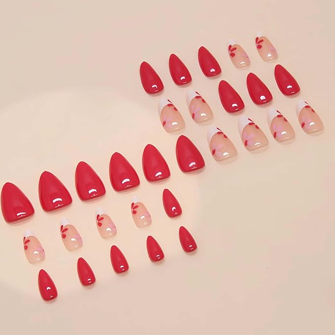 French Press on Nails Removable Almond Short Glue on Nails Rose Red Full Coverage False Nails with Designs Flower Easy to Use For Daily and Party Stick on Nails 24 Pcs