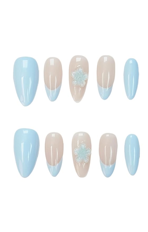 3D Blue Floral Press On Nails Medium Almond- Handmade Nude Base Blue French-Tip Salon Gel Acrylic Nails-Reusable Full Set 10pcs (Crystal Flower, Size M)