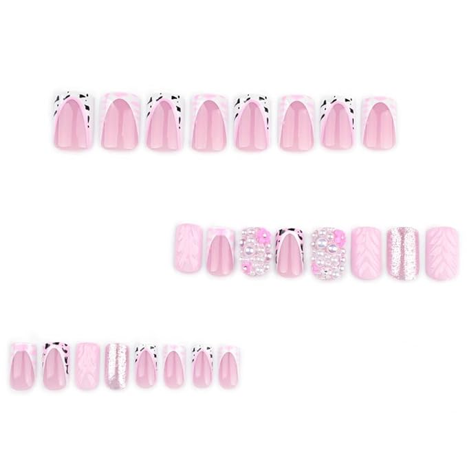 French Press on Nails Medium Long Pink Fake Nails Square Bling Glossy 3D Flower Design False Nail Tips Artificial Nails Finger Manicure for Women and Girls-24pcs