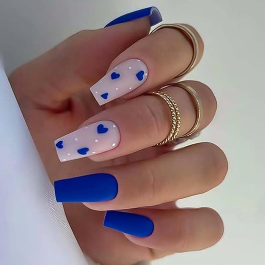 RikView Long Fake Nails Coffin Press on Nails with Hearts Design Blue Nails Matte Full Cover Nails for Women 24 PCs/Set