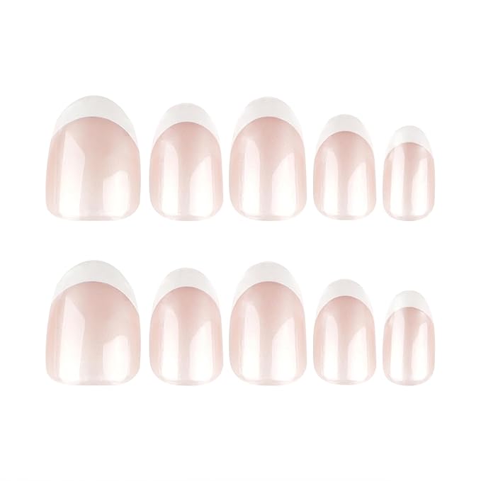 Oval French Press On Nails Short, White Tip Fake Nails with Sheer Pearl Base, Glossy Reusable Glue On Nails, Elegant French Manicure Stick On Nails for Women, 24 Pcs