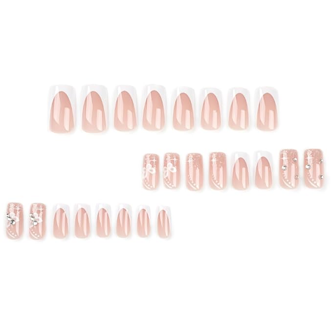 Hkanlre Medium Press on Nails Flower Fake Nails Tips Full Cover False Square French Nails for Women and Girls 24PCS