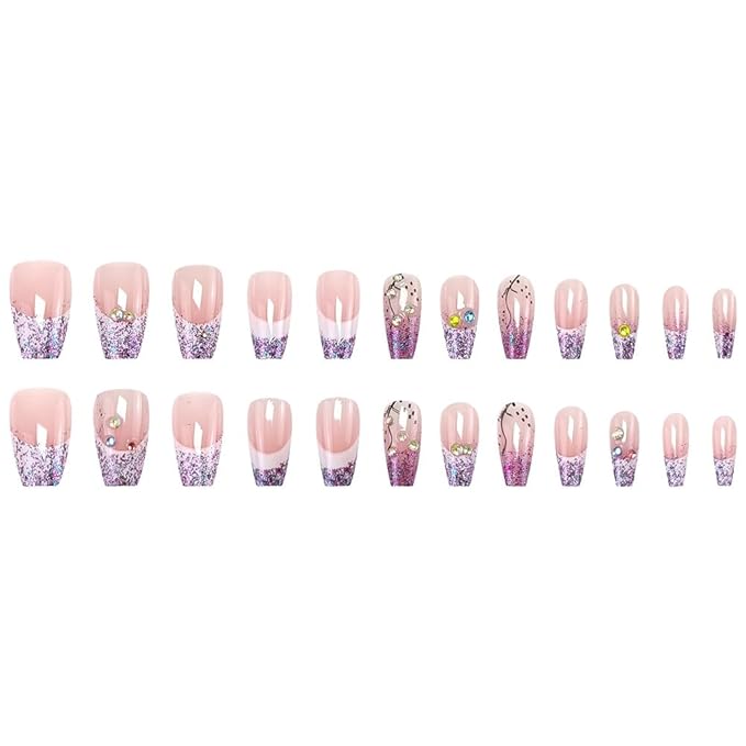 Coffin Square Press on Nails Medium Fake Nails White Purple French Tip Artificial Nails Full Cover Acrylic Glue on Nails with Glitter Designs False Nails Stick on Nails for Women Girls Manicure 24PCS