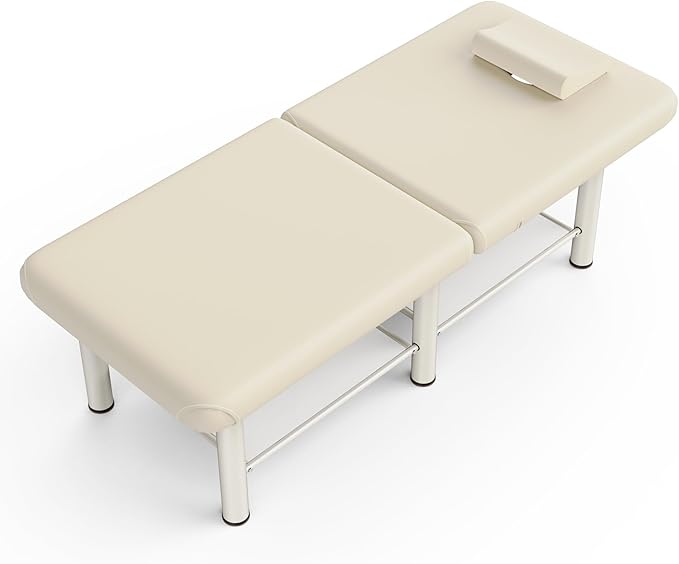 Folding Stationary Massage Table with Backrest and Storage Space, 6 Round Legs Metal Frame PU Leather, 30.5'' Wide × 75'' Long for Treatment Table Physical Therapy Table Spa Facial Bed, Beige Gray