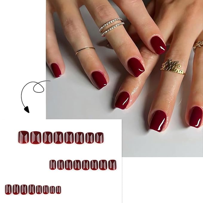 Wine Red Soft Gel Press On Nails Short Square – 30PCS Burgundy Glossy Reusable Fake Nails, Solid Color Classy False Nails, Salon Gel Look, Red Press On Nails for Women