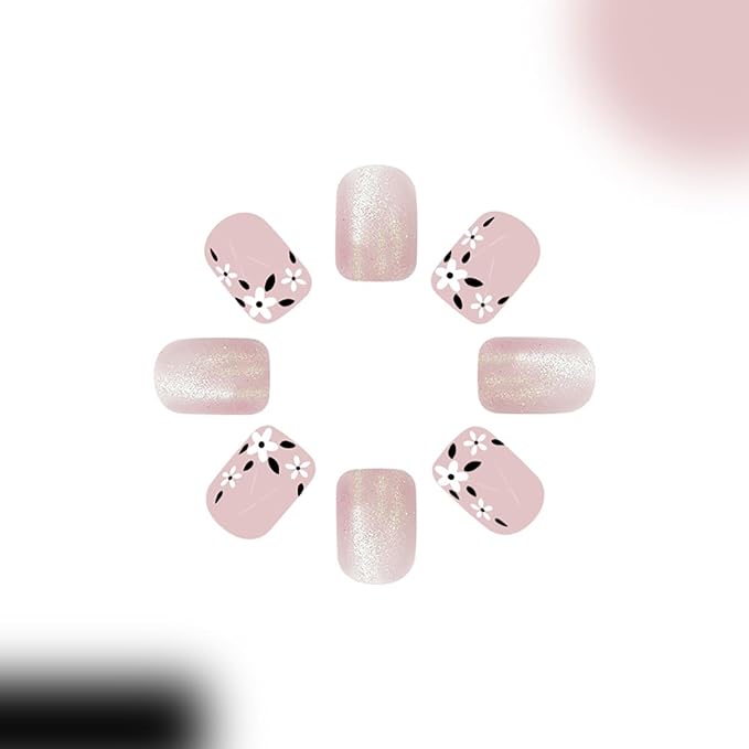 24Pcs Spring Square Press on Nails Short French Tip Fake Nails Small Flower Glue on Nails Glitter Full Cover Acrylic Nails Pink False Nails Cute Stick on Artificial Nails for Women Daily Manicure